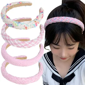 Chic Korean tweed braided headband for women, sweet wide-brim hair hoop for daily fashion wear.