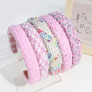 Korean style sweet tweed woven headband detail view, wide brim pink hair hoop for women.