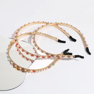 Korean style thin gold metal headband with colorful crystal beads and white pearls for women.