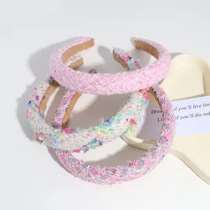Pink tweed headband sweet woven hair hoop elegant wide hair accessory for women daily.