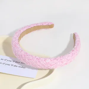 Pink tweed woven headband for women, sweet hair hoop with wide brim and high crown style.