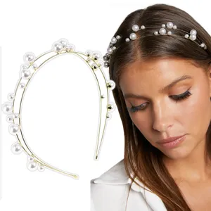 Close-up detail of double-strand thin gold alloy pearl headband, elegant and stylish hair accessory.