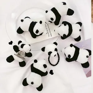 Cute cartoon panda plush hair clips and brooches set, soft plush material, versatile women accessories.