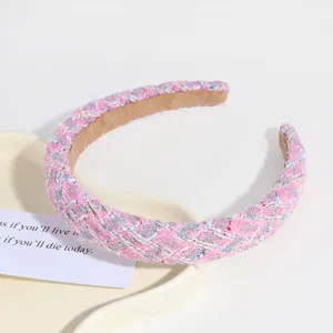 Pink tweed woven headband for women, sweet and elegant wide hair hoop for daily style.