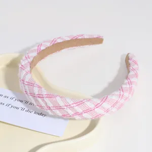 Pink tweed plaid wide headband, cute Korean style chic hair hoop for women and girls detail view