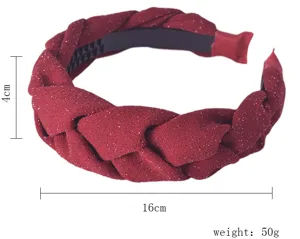Rotes Samt geflochtenes Stirnband für Damen, breiter Haarreif mit glitzerndem Design.