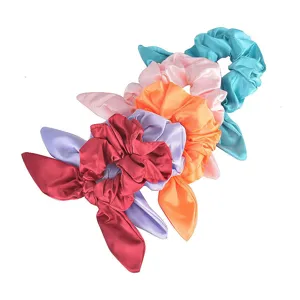 Satin hair scrunchies with cute bunny ears bow knot, elastic hair ties set for women and girls.