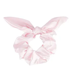 Pink satin bunny ear hair scrunchie, cute bowknot design, soft elastic hair tie rope.