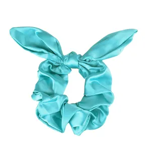 Satin bunny ear hair scrunchie teal elastic hair tie cute hair accessory for women daily wear