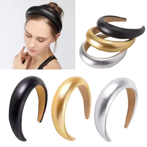 Serre-tête Rembourré en Cuir PU pour Femme Éponge Large Couleur Unie Accessoire Cheveux Mode Style Coréen