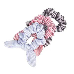 European and American striped fabric hair scrunchies with cute rabbit ear knot design.