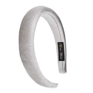 Silver velvet padded headband detail, soft fabric texture and inner handmade label closeup view