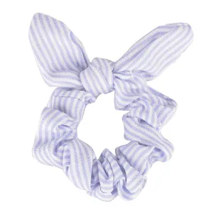 Purple white striped bunny ear hair scrunchie, satin cloth elastic hair tie for women detail.