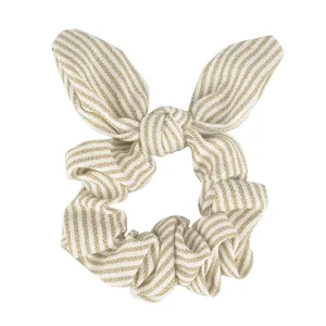 Detailed view of striped satin bunny ears hair scrunchie, perfect adult hair tie accessory.
