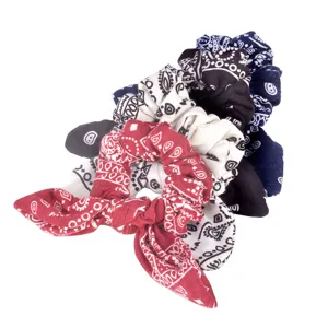 Classic paisley print hair scrunchies with cute bunny ear bow, elastic fabric hair tie for women.