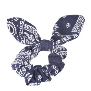 Dark blue paisley pattern bunny ear hair scrunchie elastic hair band ponytail holder accessory