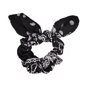 Black white paisley print bunny ear hair scrunchie elastic fabric hair band styling accessory