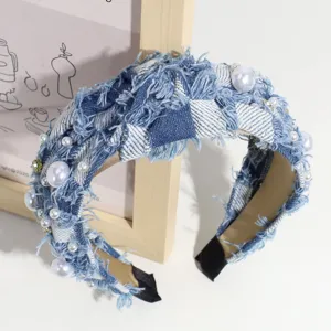 Jeans geflochtener Haarreif mit künstlichen Perlen stilvolles Damen Haarschmuck Accessoire