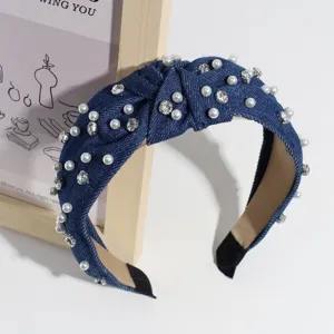 Jeans Haarreif mit Knoten, Kunstperlen und Strass, schickes Mode-Haaraccessoire für Damen
