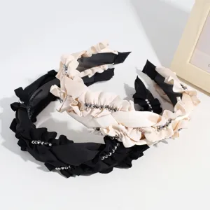 Fashion rhinestone ruffled headband set, chic black and beige hair accessories for women.