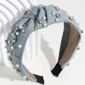 Jeans Haarreif mit Knoten Perlen und Strass modischer Haarschmuck für Damen Accessoires.