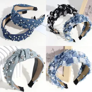Mode Denim Geknotet Haarband Für Damen Mit Künstlichen Perlen Und Strass Elegant Geknotet Kopfband High-End Design Haarschmuck