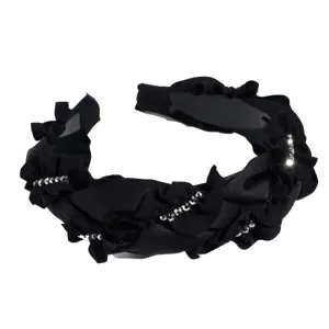 Black wide ruffled headband with sparkling rhinestones, fashionable hair hoop accessory.