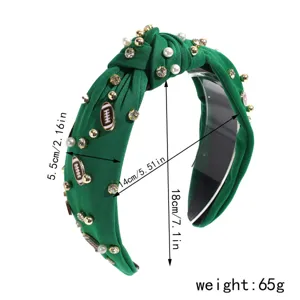Green knotted headband with pearls, rhinestones and football charms for daily chic wear.