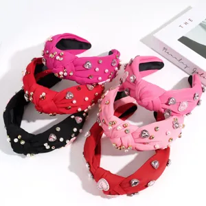 Serre-tête Noué Large Rose Cœur Strass Serre-tête Perle Embelli Accessoires Cheveux pour Saint-Valentin Femme