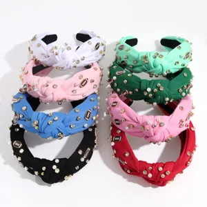 Cross-border fashion knotted wide headband with pearls, rhinestones and sports charms for women.