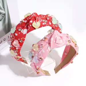 Valentine heart rhinestone wide knot headband sweet pink red hair hoop fashion accessory