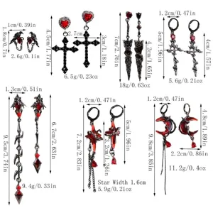 Gotische dunkle Ohrringe mit roten Steinen und Kreuzdesign Abmessungen Grafik