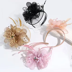 Vintage Palace Style Polyester Mesh Veil Headband Elegant Flower Feather Headwear With Artificial Pearl Rhinestone For Women Banquet Wedding Party