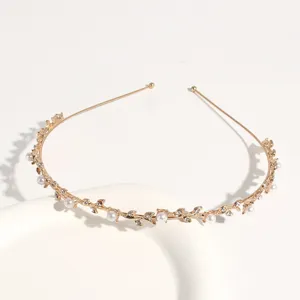 Exquisite pearl rhinestone gold alloy headband for women, elegant slim hair hoop detail shot.