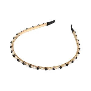 Elegant gold metal headband with white pearls and black crystals, sleek design for daily use style.