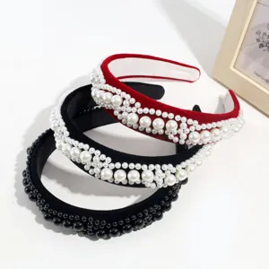 Diadema de perlas de terciopelo moda ala ancha accesorios de cabello rojo y negro detalle