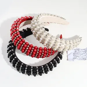 Cerchietto per capelli largo con perle e spugna, accessorio moda tinta unita per donna chic