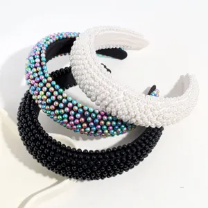 Cerchietto largo con perle, fascia per capelli imbottita nera bianca e multicolore elegante.