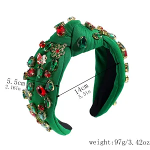 Christmas knotted headband with colorful rhinestones, green fabric hair hoop for holiday party.