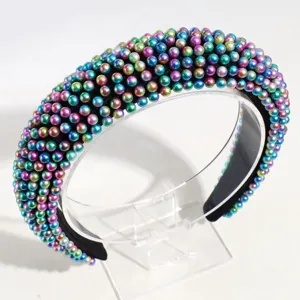 Cerchietto imbottito con perle colorate, fascia per capelli larga fashion, accessorio perle iridate.