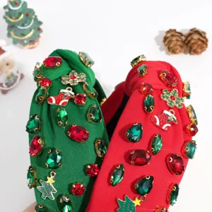 Christmas rhinestone knotted headband with festive tree and snowflake charms for women hair.