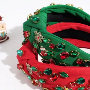 Christmas knotted rhinestone headband set with colorful crystals and festive charms detail display.