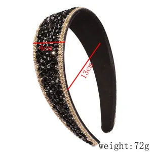 Detailed view of the wide black beaded crystal rhinestone headband, showing size and weight.