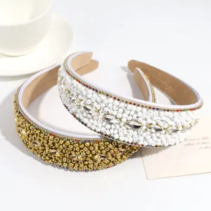 Detailed view of wide fashion beaded rhinestone headband set, elegant design for daily wear.