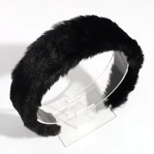 Diadema ancha de felpa negra para mujer, tocado esponjoso de invierno, accesorio de moda.