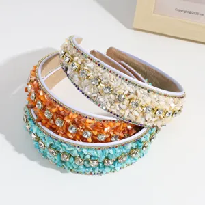 Fashion wide-brim rhinestone headband with colorful beads, elegant and versatile hair hoop.