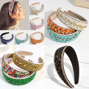 Baroque Wide Sponge Headband For Women Elegant Handmade Colorful Artificial Pearl Rhinestone Hairband Retro Wedding Party Hair Accessories