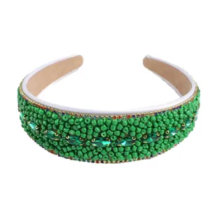 Green beaded headband wide rhinestone crystal hair hoop fashion elegant hair accessory