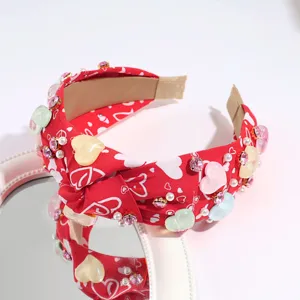 Red rhinestone heart headband, wide knotted hair hoop, sweet fashion hair accessories for daily wear.