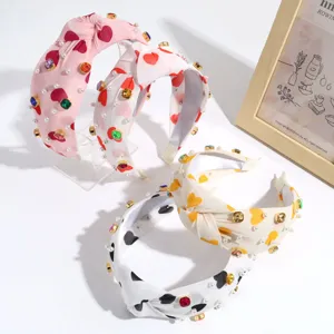 Fashion heart print knotted headband with pearls and rhinestones chic hair accessories